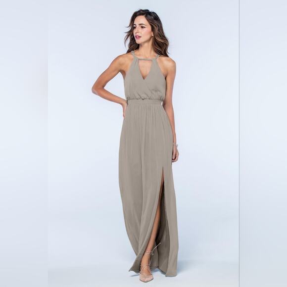 New plus SZ 20W bridesmaid WATTERS Fleurette design halter a-line sandstone gray - Picture 1 of 6